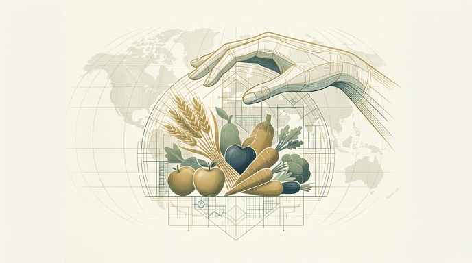 Ilustración de patrones protectores sobre diversos alimentos, representando estándares de seguridad alimentaria global.