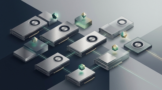 **Alt text (Spanish):**
Ilustración editorial de módulos de GPU geométricos interconectados que forman una red autónoma administrada por pequeños agentes de IA.