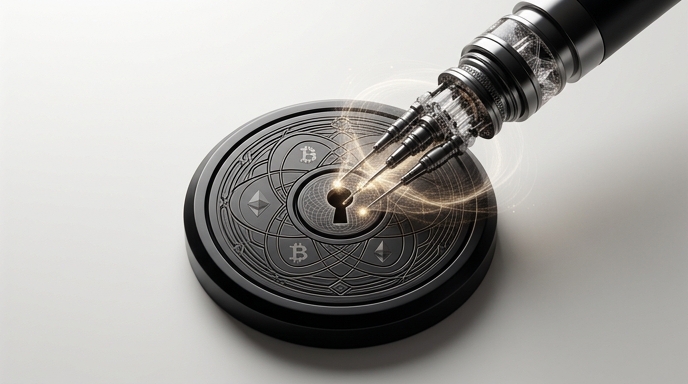 Sonda cuántica interactuando con una cerradura circular que tiene símbolos de Bitcoin y Ethereum.