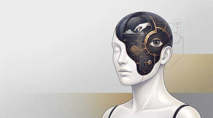 Una ilustración editorial que muestra un busto androide con un recorte que revela mecanismos internos, un ojo observando y una mano borrando datos, simbolizando la manipulación oculta de la IA.