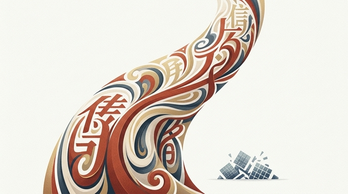 Ilustración editorial que muestra una marea ascendente de caligrafía china estilizada sobrepasando unos bloques geométricos pequeños y fragmentados.