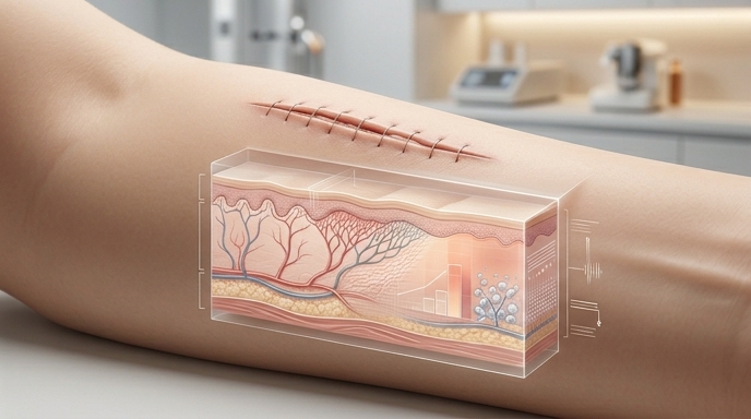 Diagrama médico premium que muestra un corte transversal de la piel y vasos sanguíneos bajo una herida suturada.