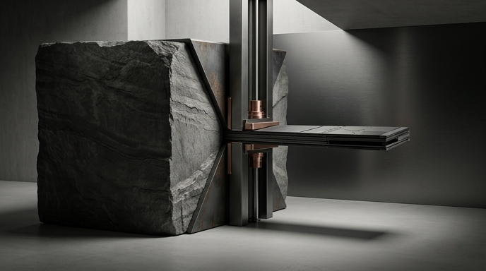 Un bloque de piedra maciza representando datos pesados está siendo comprimido y refinado en un módulo delgado y elegante.