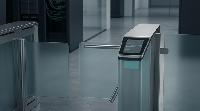 Fotografía arquitectónica de un torniquete de seguridad abierto en una sala de servidores, simbolizando el acceso no autorizado.