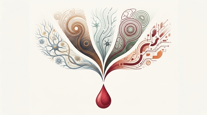 Ilustración editorial que muestra una gota de sangre ramificándose en cinco patrones neuronales distintos.