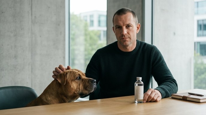Un hombre sentado en una oficina moderna junto a su perro de raza mixta, sosteniendo un pequeño vial de vidrio sobre una mesa.