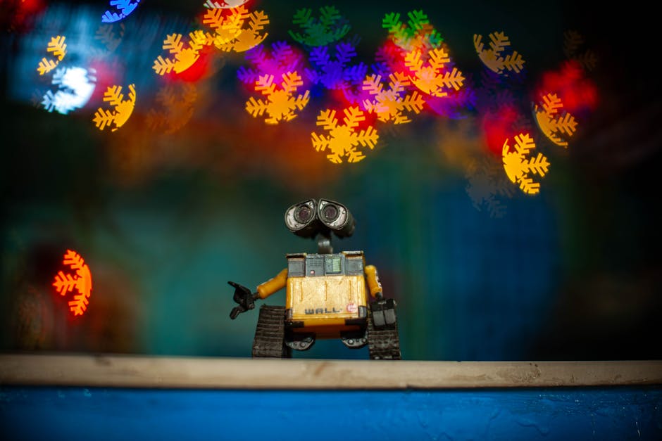 Robot de juguete que captura luces bokeh de colores en un entorno interior vibrante y festivo.