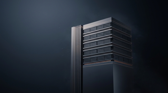 **Alt Text (Spanish):**
Una estructura negra monolítica y elegante representa un chip de memoria de alto rendimiento, simbolizando el auge de la IA en la tecnología de semiconductores de Samsung.