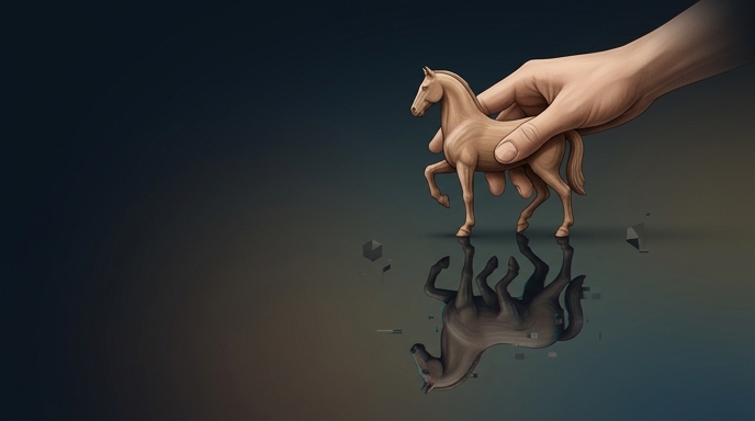 Ilustración de una mano artesanal sosteniendo un caballo perfecto, cuyo reflejo en una superficie glaseada revela errores de IA con patas extra.