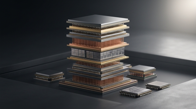 Un primer plano de una pila de chips apilados verticalmente, rodeados de chips más pequeños, ilustrando la tecnología de empaquetado avanzado en la industria de semiconductores.