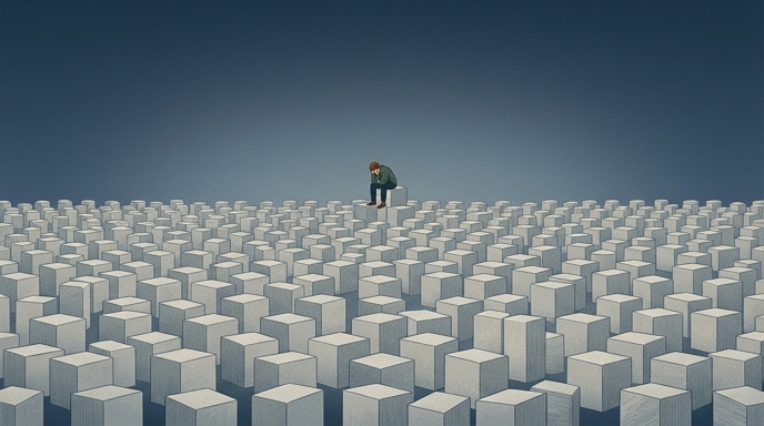 Ilustración de un hombre solitario sentado sobre un mar de bloques idénticos, abrumado por la cantidad.