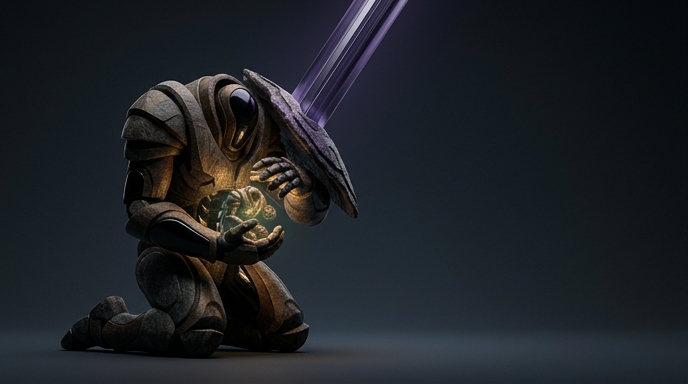 Un robot de piedra arrodillado protege una luz esférica de un rayo de energía púrpura que desciende.