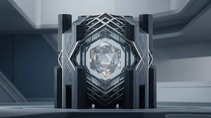 Escultura geométrica de piedra y metal protegiendo un núcleo de datos cristalino, simbolizando seguridad cuántica.