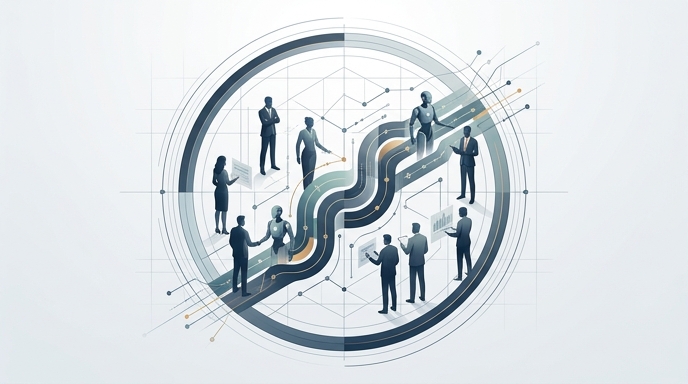 Ilustración de consultores y agentes de IA trabajando en tándem, bajo una red geométrica de monitoreo y control.