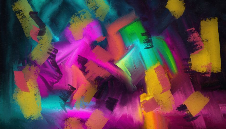 Pintura abstracta dinámica con pinceladas vibrantes en colores neón, creando un impacto visual vívido.