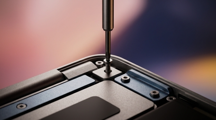 Un primer plano macro de un destornillador de precisión quitando un tornillo de la esquina de un chasis de aluminio de MacBook Neo.