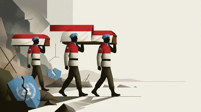 Tres cascos azules indonesios portan féretros cubiertos por banderas nacionales en un paisaje de conflicto simbólico.