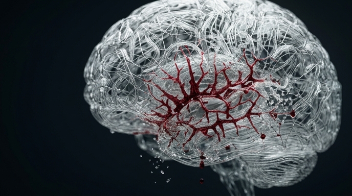 Un modelo de cristal del cerebro humano está siendo invadido por una red de líquido rojo, simbolizando la infección y el daño cognitivo.