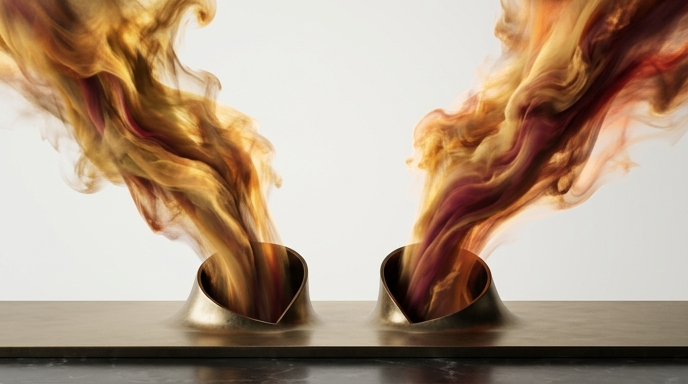 Dos columnas de humo denso y dorado emergen agresivamente de aberturas simétricas en una superficie metálica pulida, simbolizando el aumento de la inflación en Colombia y México contra un fondo limpio.