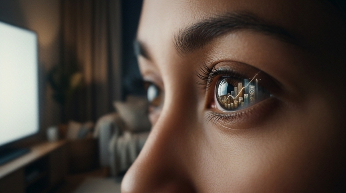 «Primer plano del ojo de un espectador que refleja un gráfico de crecimiento financiero mientras mira la televisión.»