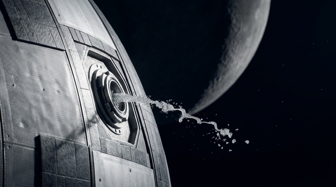 Vista de cerca de una ventilación de la nave Orion expulsando orina congelada en el espacio profundo.