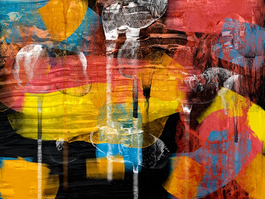 Pintura abstracta dinámica con colores atrevidos y texturas expresivas, ideal para una decoración moderna.