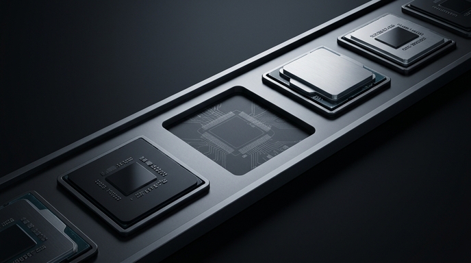 Una fila de procesadores con un espacio vacío en el centro que muestra solo trazos de circuitos, simbolizando el producto cancelado.