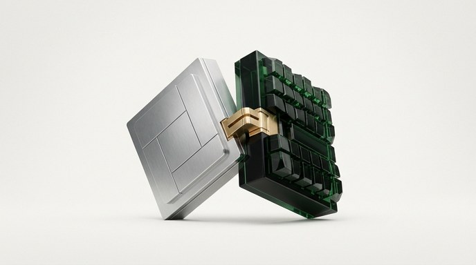 Escultura minimalista de dos componentes tecnológicos de color plateado y verde esmeralda unidos por una bisagra dorada.