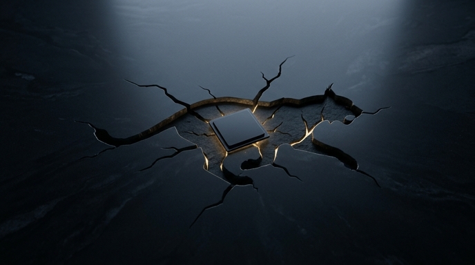 Un chip de procesador centrado en grietas de piedra oscura que forman la silueta de un gato montés acechando.