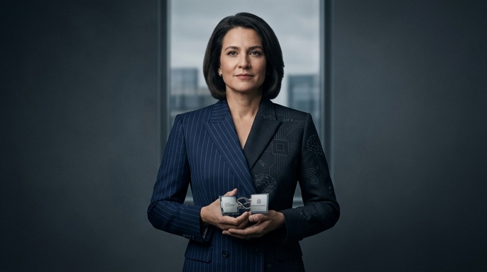 Retrato conceptual de una ejecutiva sosteniendo dos microchips, simbolizando la relación entre Intel y SambaNova.