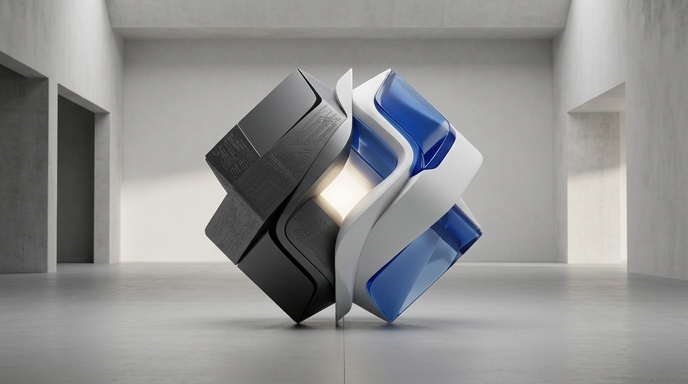 Escultura de diseño moderno integrando metal oscuro grabado y porcelana blanca con acentos azules, representando la asociación de Intel y Google en infraestructura de IA y nube.