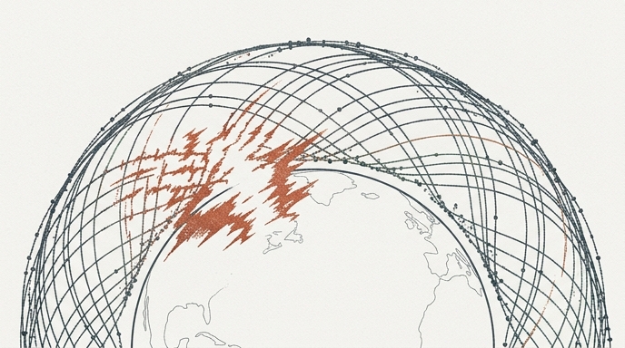 Ilustración de satélites en órbita terrestre baja siendo interrumpidos por ráfagas de interferencia de señal.
