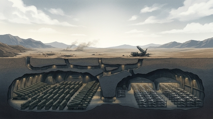 Ilustración de un búnker subterráneo revelando filas de misiles y drones ocultos bajo un desierto atacado.
