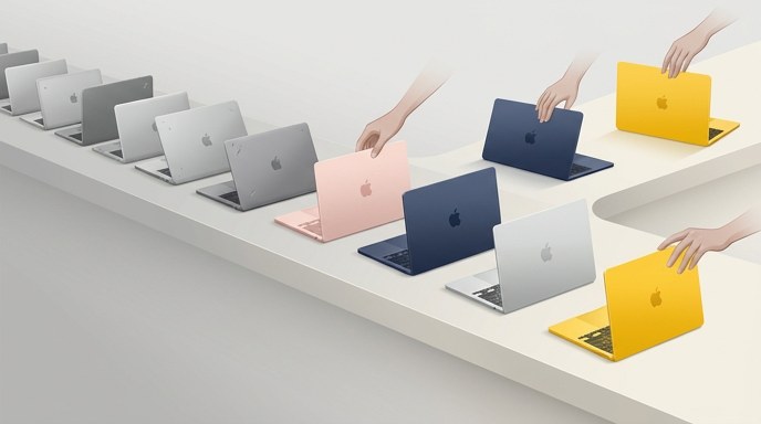 Ilustración minimalista que muestra una transición de portátiles grises antiguos a nuevos MacBook Neo de colores vibrantes.