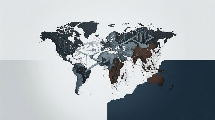 Mapa mundial ilustrado que se desintegra en polvo de datos, simbolizando la desarticulación de la red cibercriminal global.