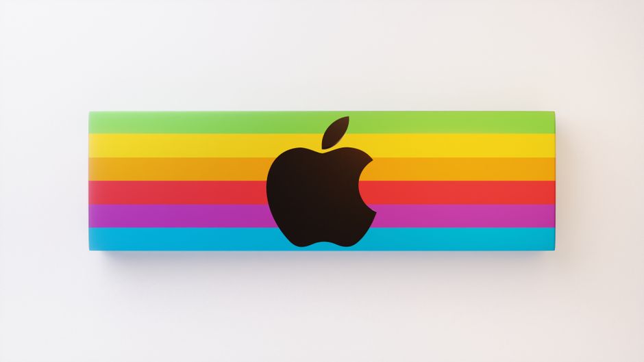 Diseño vibrante del logotipo de Apple con colores del arcoíris sobre un fondo blanco.