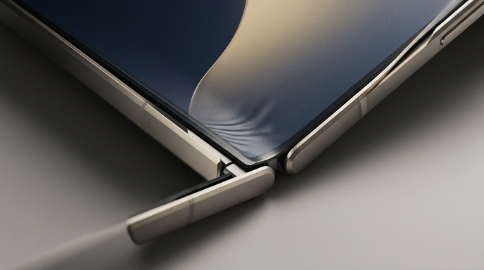 Este primer plano de un smartphone plegable resalta la complejidad técnica de la bisagra y el material de la pantalla, que muestra ligeras irregularidades en el pliegue, evocando los desafíos de ingeniería descritos en el reportaje.