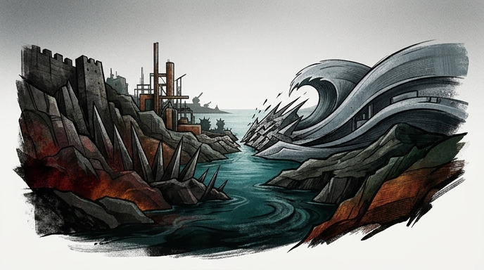 Ilustración editorial de la tensión en el Estrecho de Ormuz, con la costa iraní fortificada y una ola industrial acercándose.