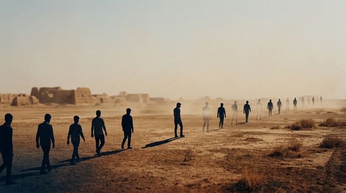 Siluetas de jóvenes caminando en un desierto hacia la niebla, donde algunos desaparecen, simbolizando las ejecuciones.