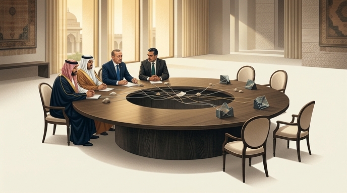 ** Una ilustración editorial que muestra a cuatro diplomáticos en una cumbre de crisis en Islamabad, con tres sillas vacías que representan a las partes ausentes del conflicto: Estados Unidos, Israel e Irán.