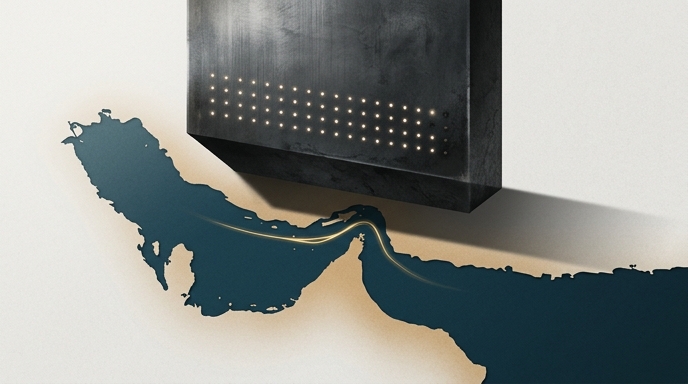 Mapa conceptual de la tensión en el Estrecho de Ormuz con una estructura metálica simbolizando el límite de 48 horas.