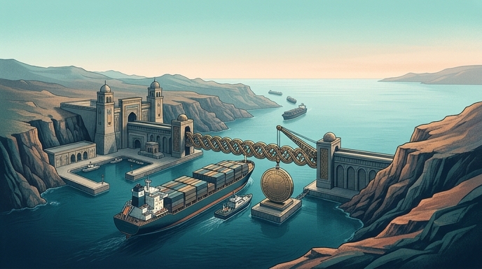 Ilustración de un buque de carga pagando un peaje en una puerta arquitectónica en el Estrecho de Ormuz, Irán.