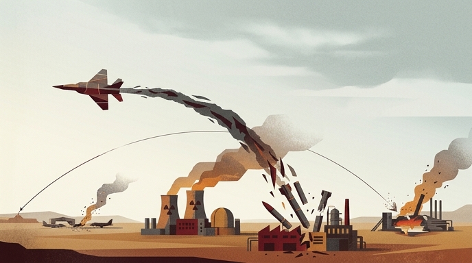 Ilustración editorial que muestra un avión de combate atacando una instalación nuclear y fábricas, con humo en el horizonte.