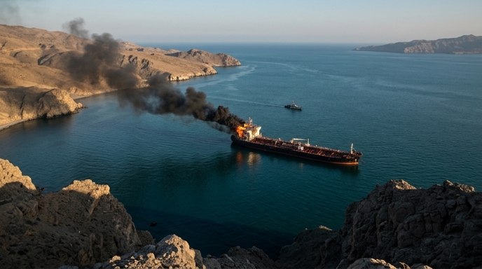Un buque de carga en llamas en el Estrecho de Hormuz tras un presunto ataque.