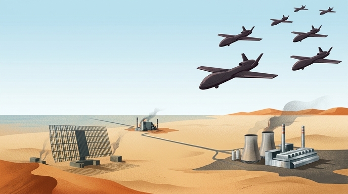 Ilustración editorial que muestra una flota de drones iraníes sobrevolando un desierto para atacar sistemas de radar e infraestructura energética en el Golfo Pérsico, en una composición limpia y sofisticada.