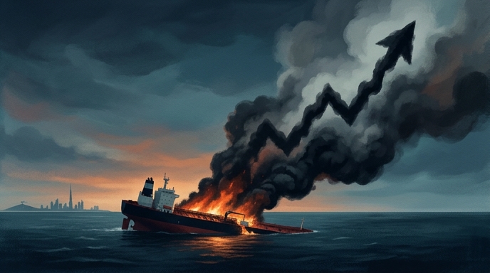 Un petrolero en llamas en el mar con humo formando una flecha ascendente, simbolizando el aumento de los precios del crudo.