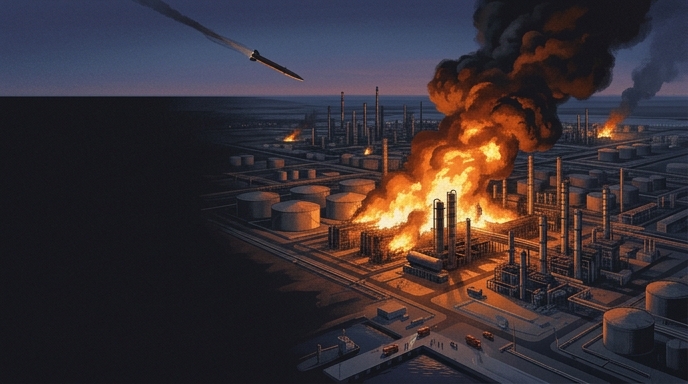 Un ataque con misiles provoca un gran incendio en una refinería industrial durante la noche.