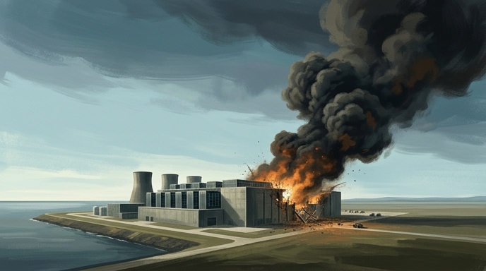Un incendio en un centro de datos industrial, con humo negro, llamas y explosiones.