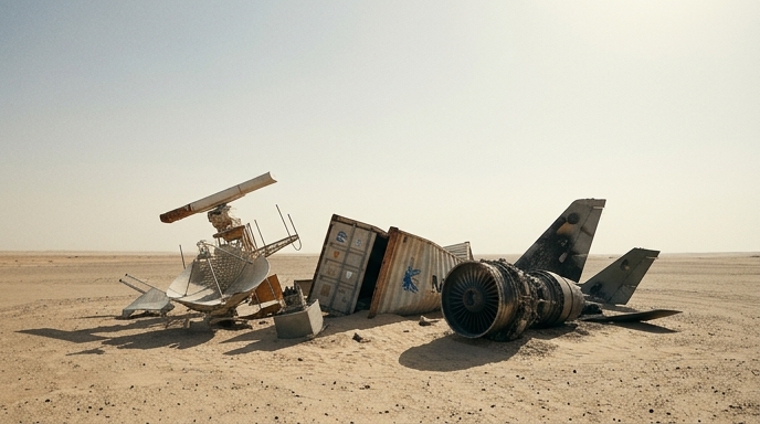 Escombros de infraestructura dañada en el desierto: radar, contenedor de carga y restos de un motor de avión tras ataques.