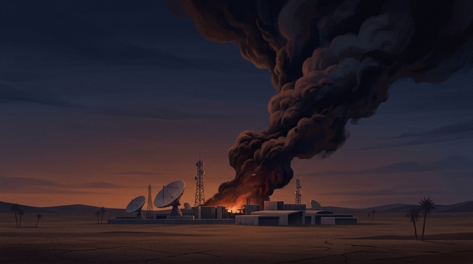Instalaciones de telecomunicaciones en el desierto con antenas parabólicas en llamas y una columna de humo negro.